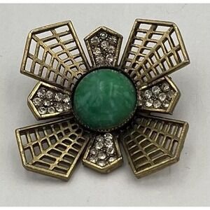 RARE** HAR Hargo Creations Maltese Cross Green Cabachon & Rhinestone Brooch